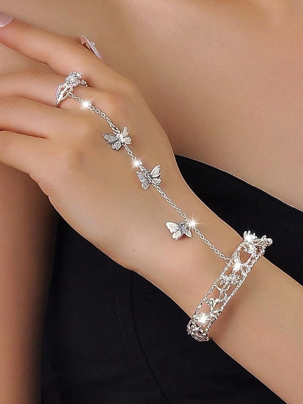 Anthropologie Silver Butterfly Hand Chain Bracelet